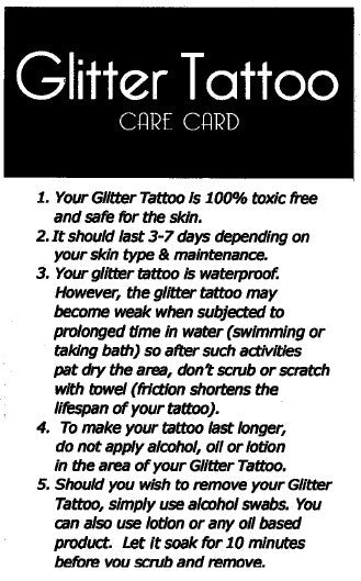 Glitter Tattoo Care Cards (200)